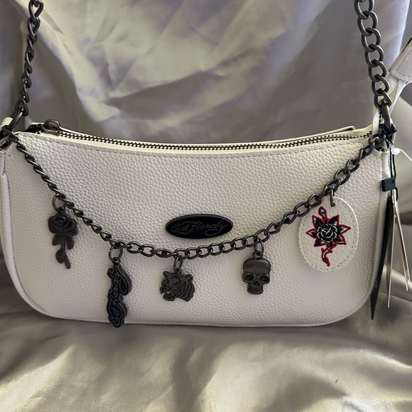 Ed Hardy White Shoulder Bag with Black Chain Details - Picture 3 of 6